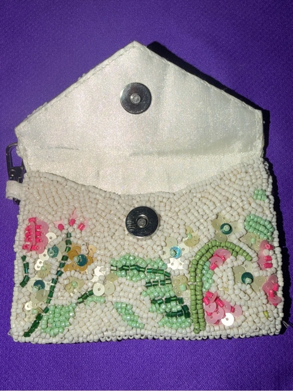 Beaded Floral Envelope Wristlet Clutch in Cream with Pink & Green Accents